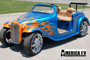 Blue California Roadster with Orange Flames affordable golf cart rental, golf cart rent cabo san lucas