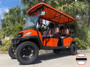 Orange Bintelli Beyond 6 Passenger Lifted Golf Cart affordable golf cart rental, golf cart rent cabo san lucas