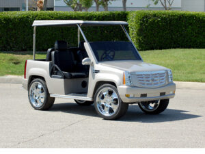 Silver Escalade Golf Cart With Roof and Custom Wheels affordable golf cart rental, golf cart rent cabo san lucas