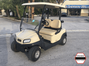 Tan Club Car 2 Passenger Golf Cart affordable golf cart rental, golf cart rent cabo san lucas